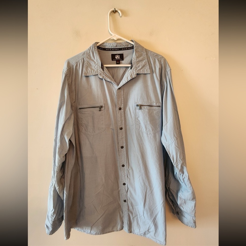 Rock & Republic L/S Button Up Shirt Zip Pockets 100% Cotton blue Men’s 2XL